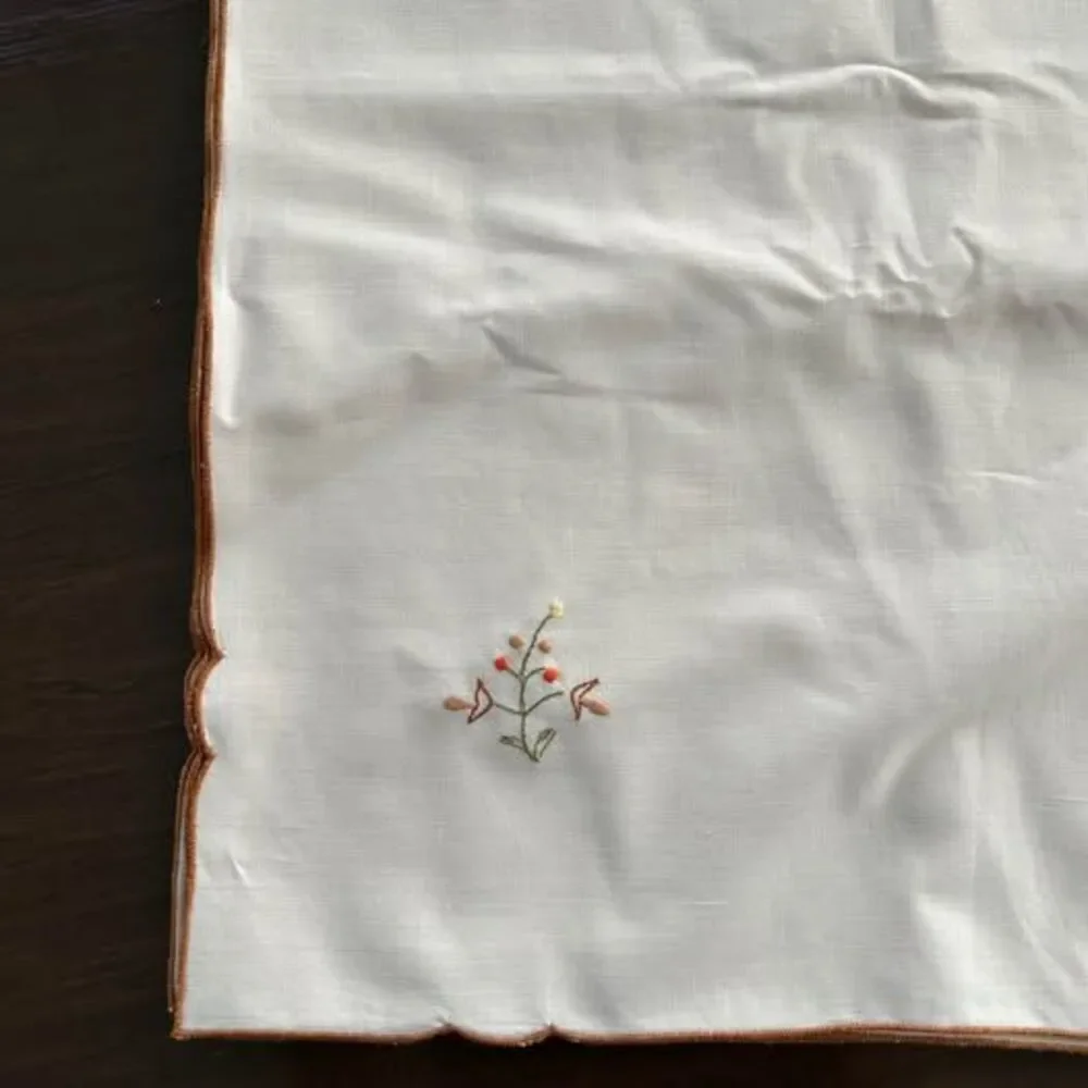 Vintage Linen Cream Napkins w/Mushroom Embroidery & Brown Trim Never Used